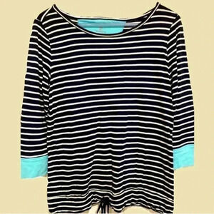 Talbots Women’s Navy Striped Blouse 3/4 Length Sleeves Sz. Small- drawstring hem
